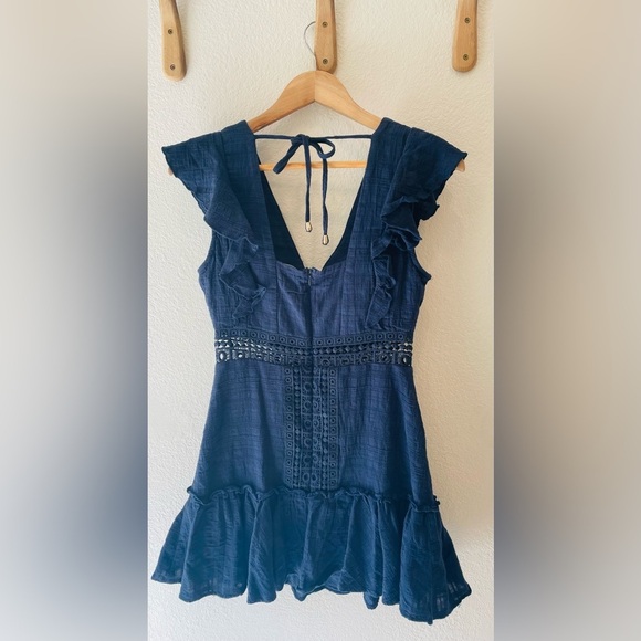 Blue Rain Crochet Flutter Sleeve Mini Dress in Navy Size Small - Picture 3 of 4